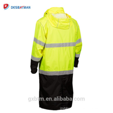 Inferior de diseño negro Hi Vis Safety Workwear Con capucha de largo impermeable, 150D poliéster Oxford con revestimiento de PU y costuras selladas